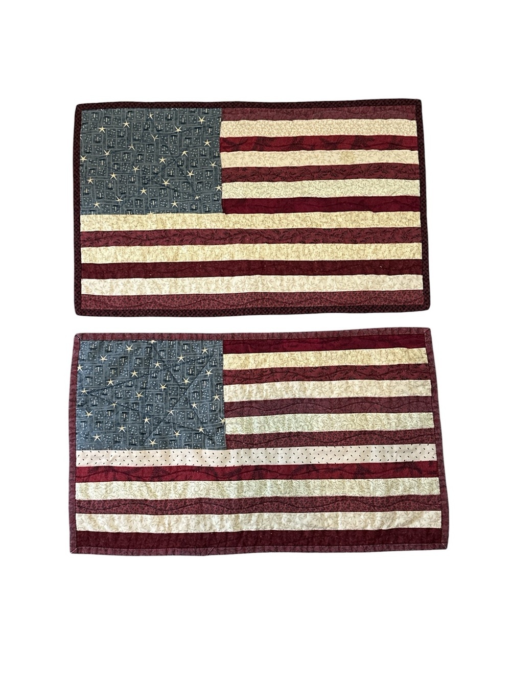 Set Of 2 Americana Primitive 4th of July Placemats Decor Quilted Red Blue Stars